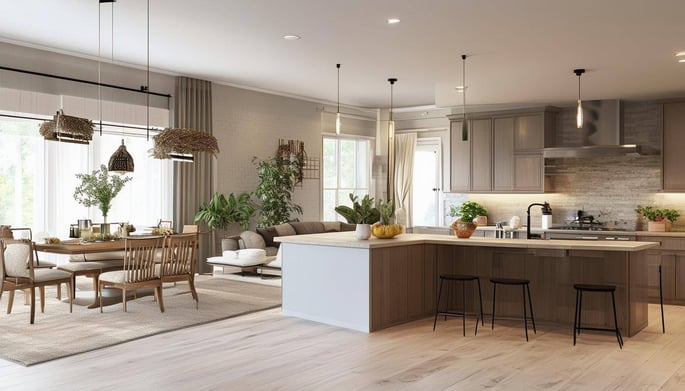 An openconcept kitchen blending seamlessly with dining and living areas, promoting family interactions and socialization