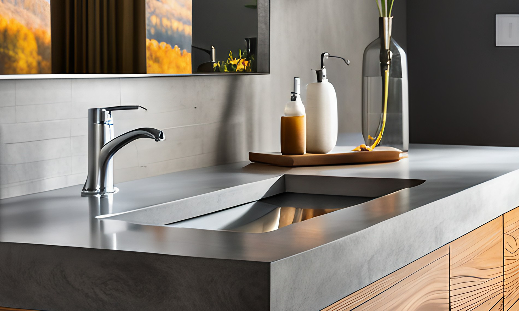 Concrete countertop in gray with stainless steel sink and faucet