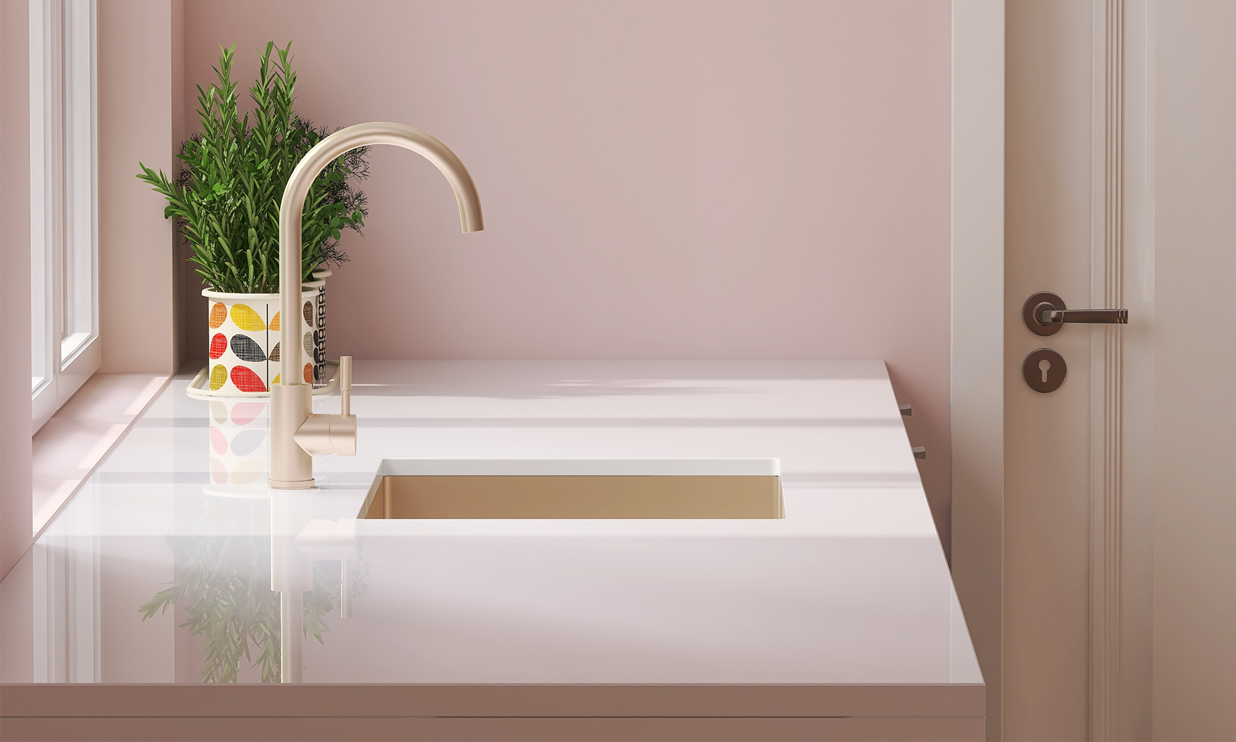 Laminate countertop in white with rose gold faucet and light pink walls