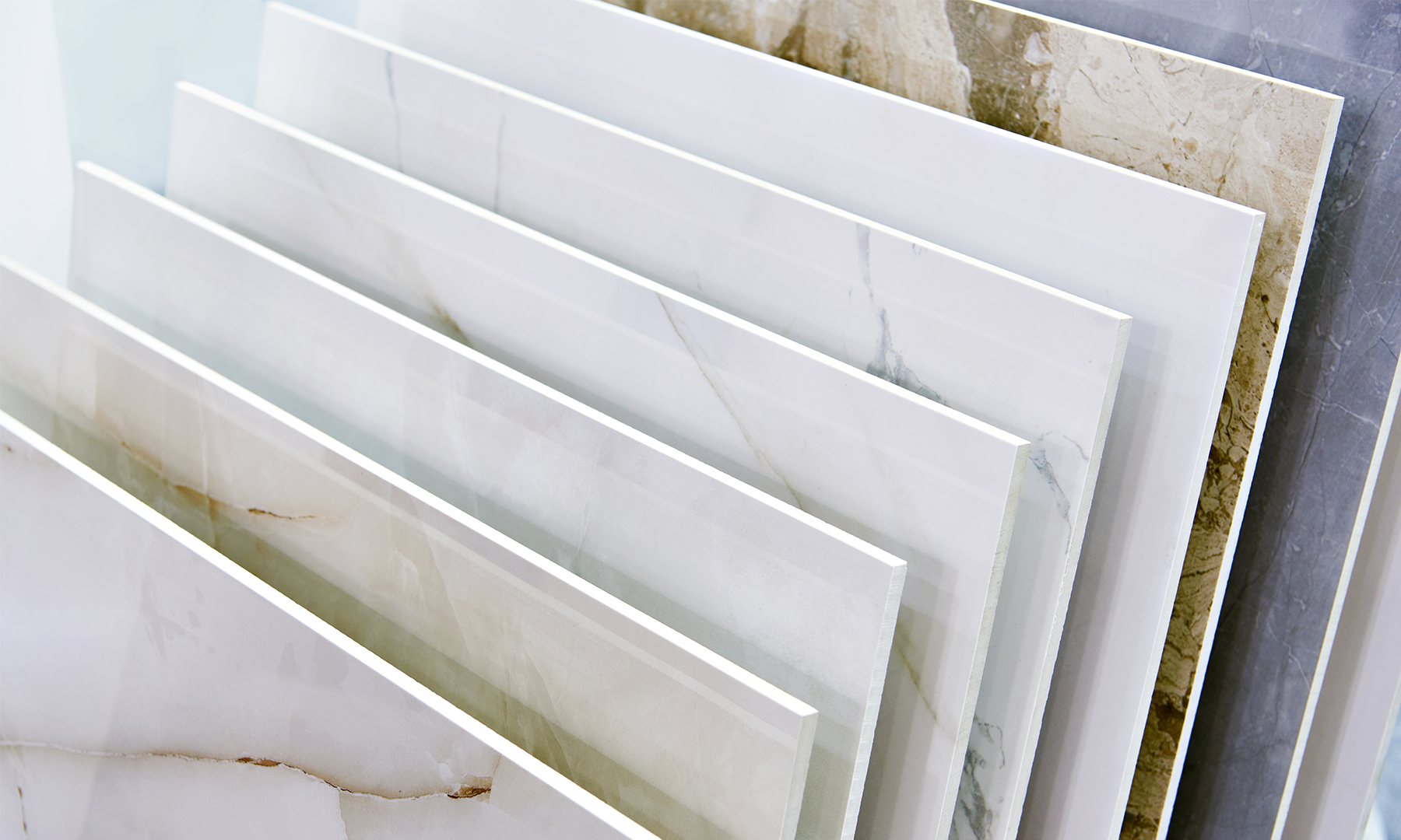 Porcelain countertop slabs in store