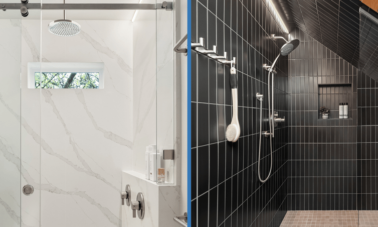 Whtie slab shower juxtaposed against black tile shower