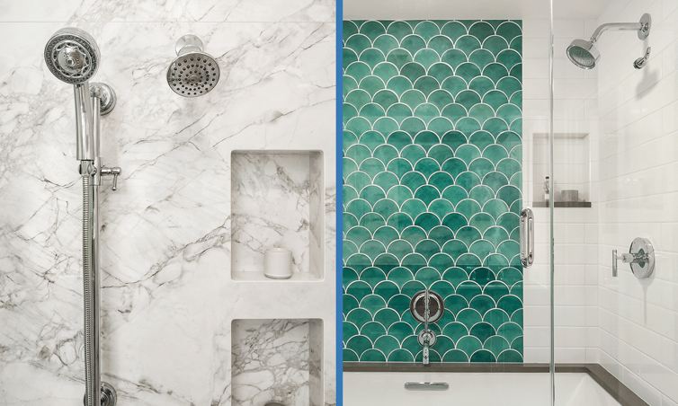 Marble slab shower juxtaposed with Moroccan teal fish scale tiles